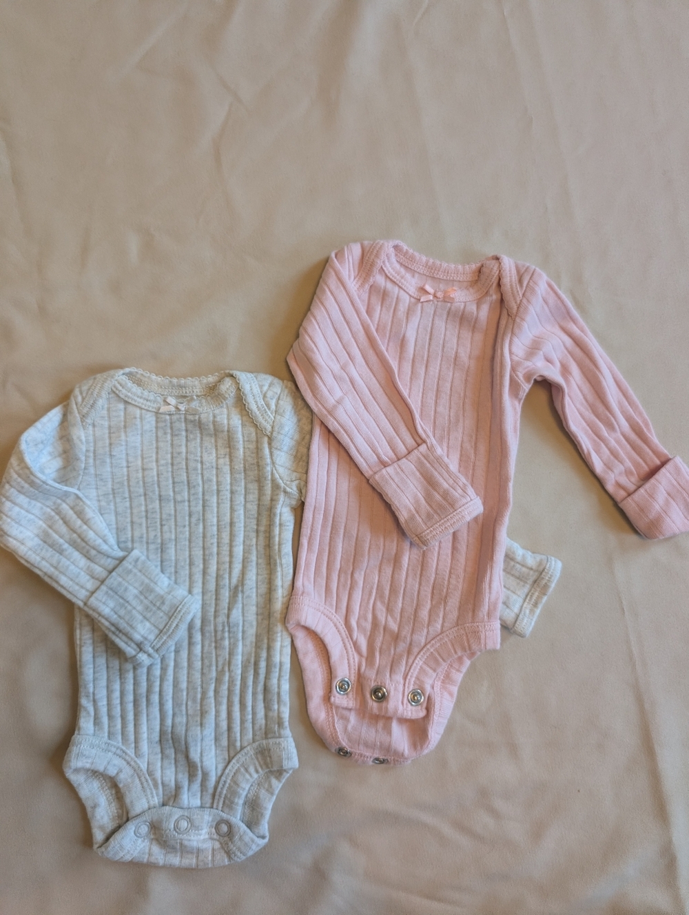 Long-Sleeve Ribbed Preemie Bodysuit 2-Pack - Pink and Gray